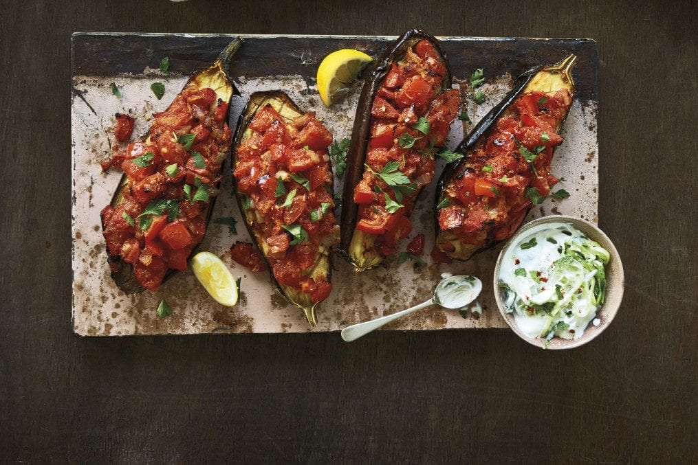 Roasted Aubergine with Spelt Flatbreads